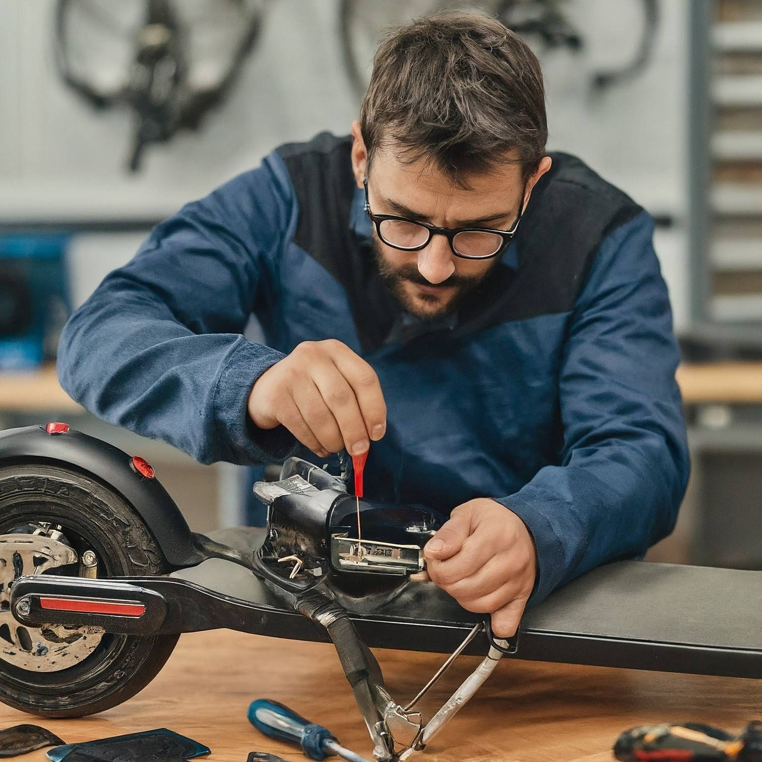 Técnico reparando un scooter eléctrico